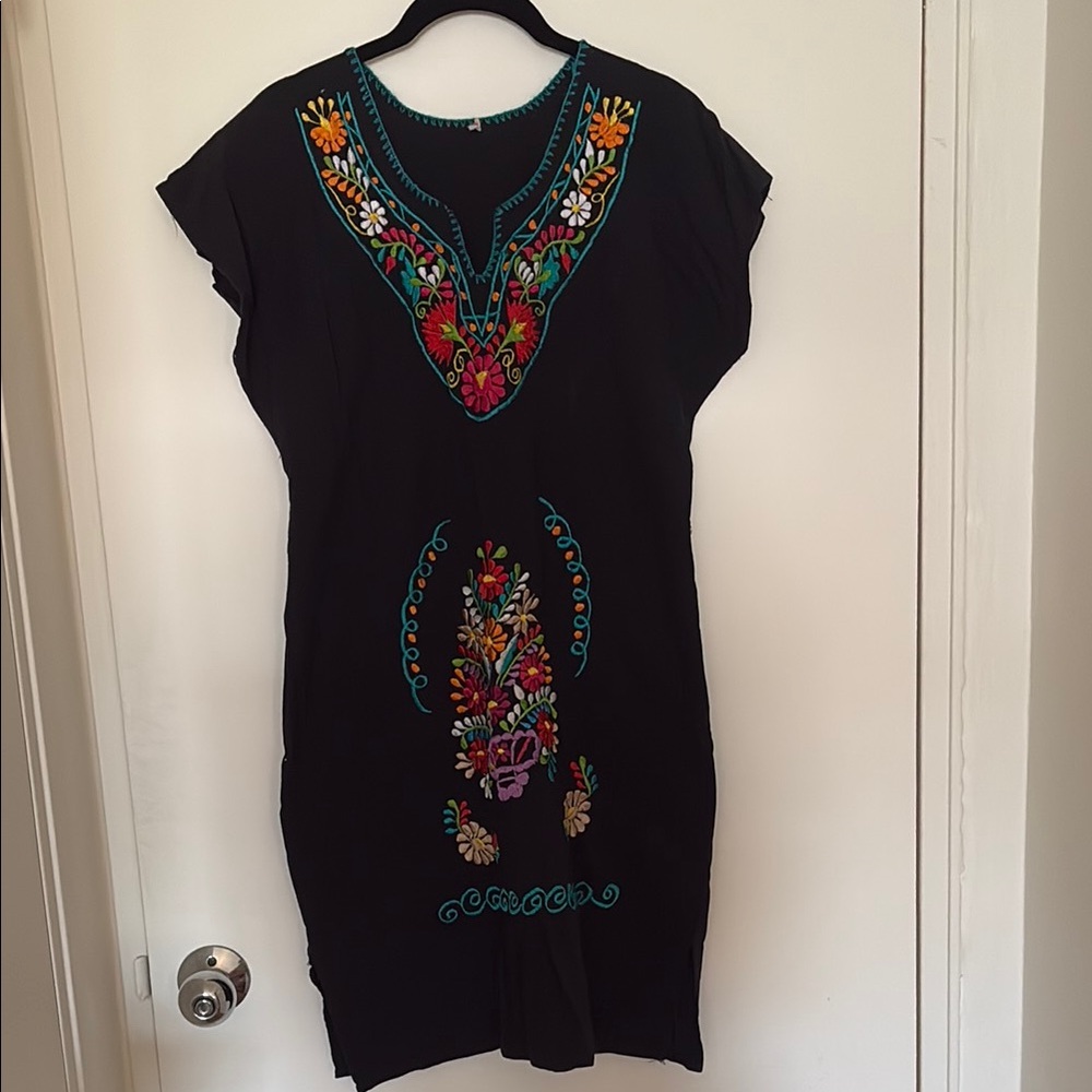 Black Dress with Colorful Mexican Embroidery